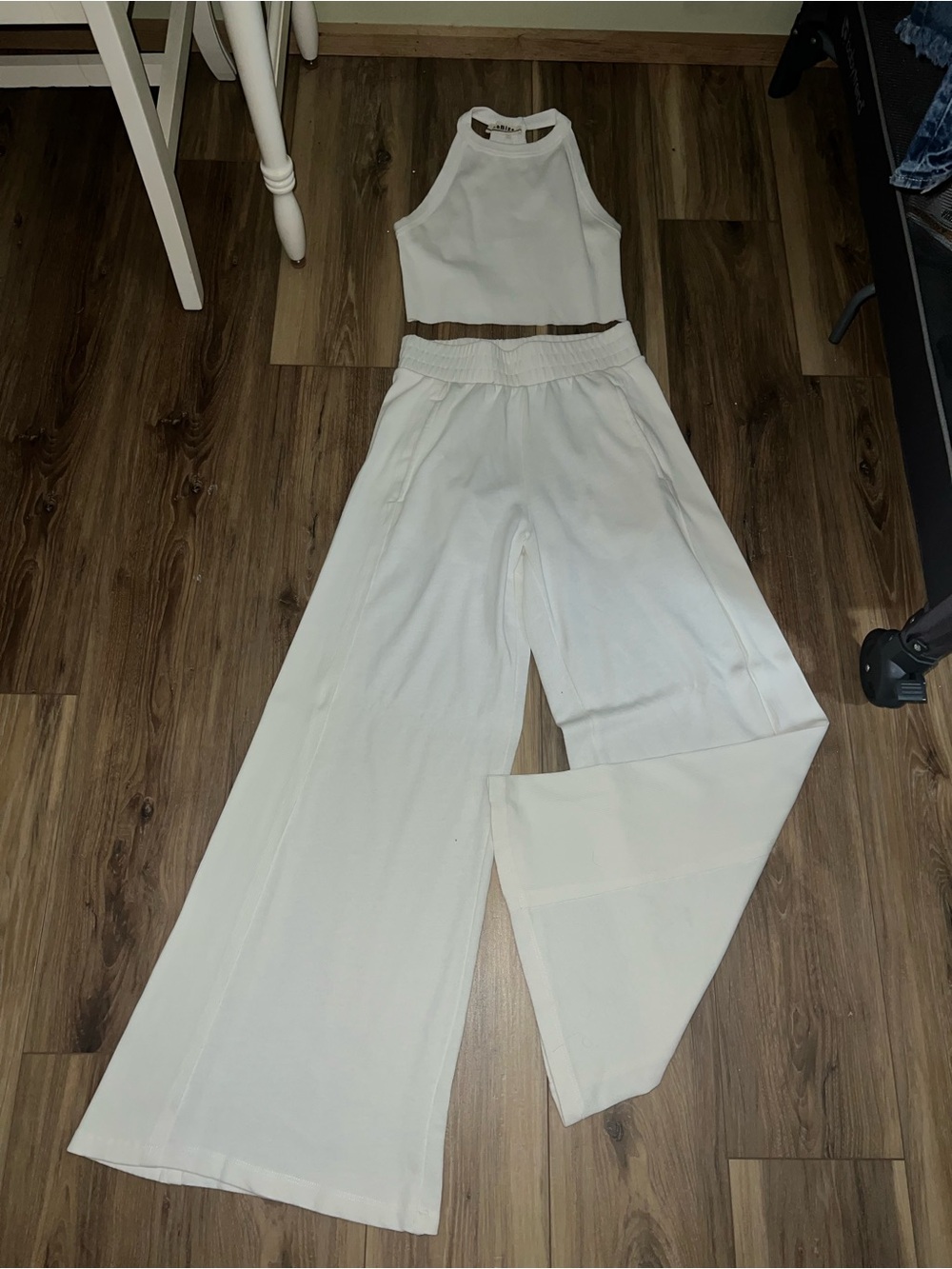 White Wide-Leg Knit Pants with Smocked Waist and Matching Halter Top